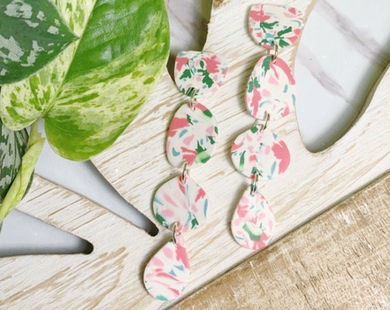 Moroccan Tile Drops Floral Tile Design Statement Earrings Pink Teal Green White Sky Blue