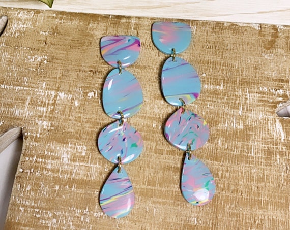 Toucan Dreams Limited Edition Abstract Marbled Resin Coated Statement Earrings Green pink neon Gold Yellow blue floral flower multicolored