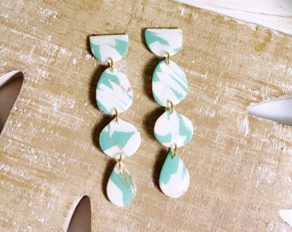 Marbled Garden Statement Earrings Teal White Gold foil Resin Coated