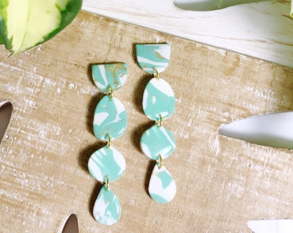 Marbled Garden Statement Earrings Teal White Gold foil Resin Coated