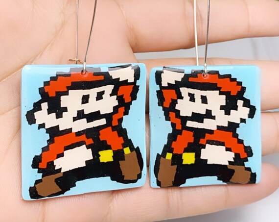 Super Mario Inspired Statement Earrings 8 bit Gamer Retro Polymer Clay Resin dangle Hoops Size Large