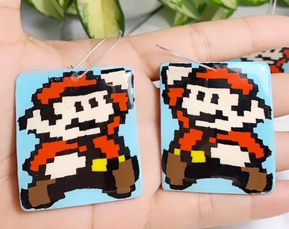 Super Mario Inspired Statement Earrings 8 bit Gamer Retro Polymer Clay Resin dangle Hoops Super Size XL Trimmed