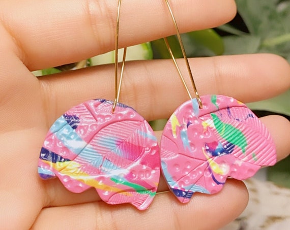 Toucan Dreams Limited Edition Abstract Textured Statement Earrings Green pink neon Gold Yellow blue floral flower leaf multicolored