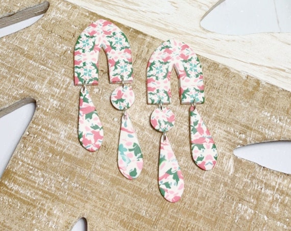 Moroccan Tile Drops Floral Tile Design Statement Earrings Pink Teal Green White Sky Blue