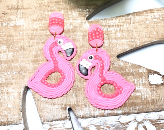 Fun Pop Trimmed Flamingo Floaty Statement Earrings Pink Hot Pink White Glitter Black Gold hoops Made to order