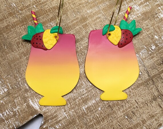 Strawberry Lemonade Drink Hoop Statement Earrings gold silver Red Yellow ombré Green