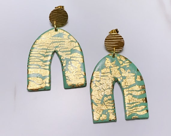 Not So Plain Jane Collection Mint and gold foil teal aqua arch Statement Earrings Clay Jewelry Green