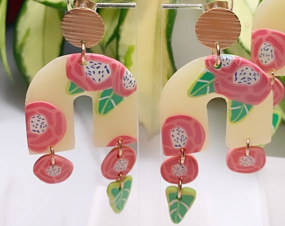 Spring Fling Arch Dangle rose Coral Blue white Green Leaf and gold Statement Earrings Large floral petal