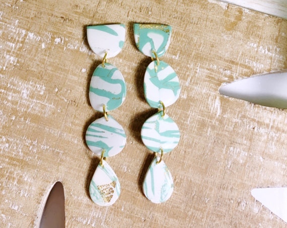 Marbled Garden Statement Earrings Teal White Gold foil Resin Coated