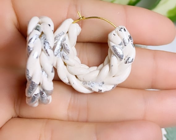 Rope Braid hoops Small Statement White sliver foil Earrings Winter wonderland Clay hoops knit crochet
