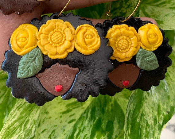 Curly Girl with Yellow flower crown queen Earrings gold hoops silver