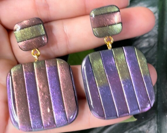 Complexed Simplicity color shift stripes Statement textured Earrings Large Clay Jewelry Gold Clay Beads