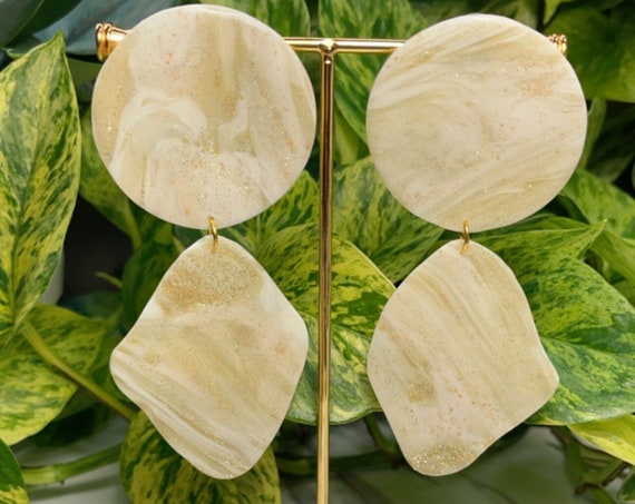Cream Marble Dream Faux Stone Collection Oversized Mega Statement Earrings Clay Jewelry Lightweight Unique Gold Translucent Vintage Look