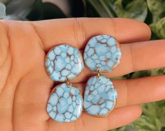 Turquoise Kingman Spiderweb Dream Collection Oversized Mega Statement Earrings Clay Jewelry Lightweight Unique Vintage Look
