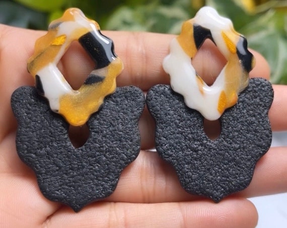Modern Movement Dangles Rock Candy Collection Statement Earrings Clay Jewelry Black and gold translucent checkerboard