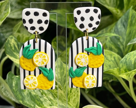 Slice Of Life Lemon Statement Earrings gold yellow green black white stripes