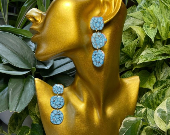 Turquoise Kingman Spiderweb Dream Collection Oversized Mega Statement Earrings Clay Jewelry Lightweight Unique Vintage Look