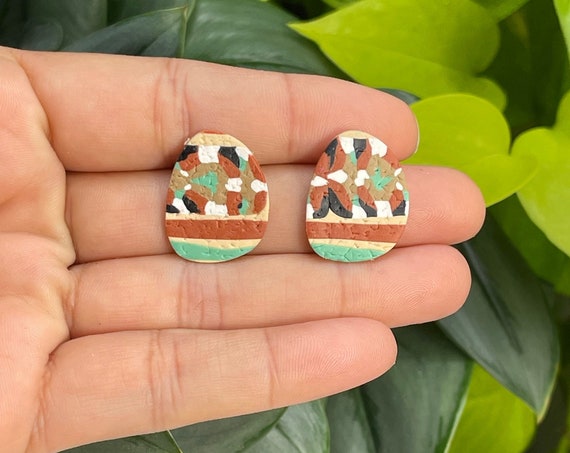 Tribal Pattern Aztec Southwest Rust Turquoise black Collection Statement Earrings Clay Jewelry Pumpkin Orange