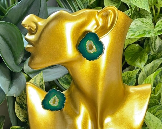 Emerald Quartz Dream Faux Stone Collection Oversized Mega Statement Earrings Clay Jewelry Lightweight Gold Translucent Geode Agate