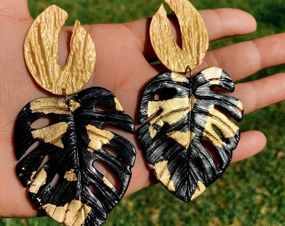 Palm Beach Monstera Big Statement Earrings Black Gold or silver Leaf Dangles
