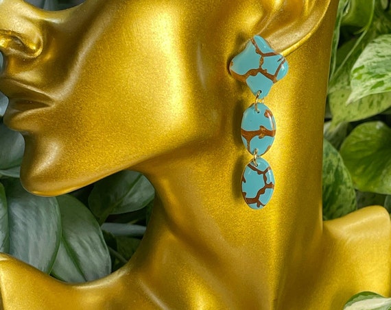 Turquoise Kingman Spiderweb Dream Collection Oversized Mega Statement Earrings Clay Jewelry Lightweight Unique Vintage Look
