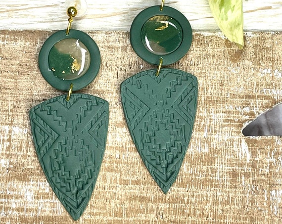 Indian Summer Collection BoHo Statement Earrings Clay Original unique Dangles Arrowhead Leaf Orange Rust Teal Yellow