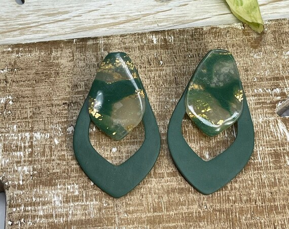 Young Hunter Green Gold Faux Stone minimalist modern large stud Statement Earrings Clay