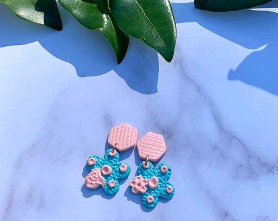 Vintage Chic Pink Coral Aqua Statement Earrings Clay Jewelry Flowers Hearts
