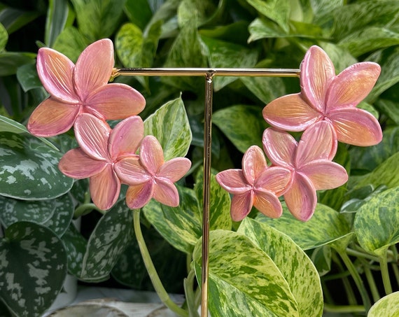 Palm Beach Tropical Plumeria Flower hoop Floral Statement Earrings Clay Studs Dangles white yellow pink orange