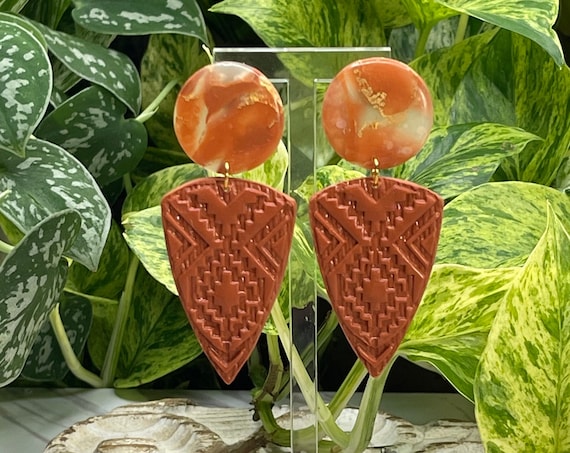 Indian Summer Collection Faux Stone BoHo Statement Earrings Clay Original Dangles Arrowhead Leaf Orange Rust Teal Yellow