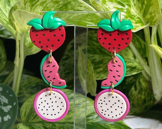 Fruit Salad Strawberry Watermelon Dragon Fruit Pitaya Slice statement Earrings gold hoops silver pink green red black
