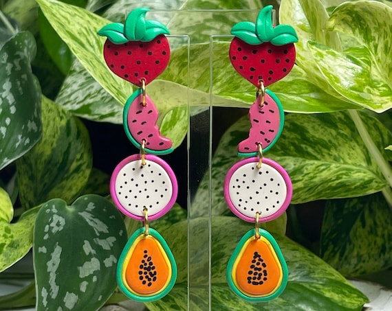 Fruit Salad Strawberry Watermelon Dragon Fruit Papaya Slice statement Earrings gold hoops silver pink yellow orange green red black