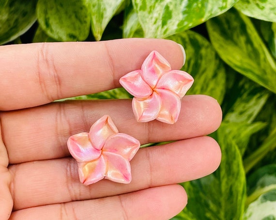 Palm Beach Tropical Plumeria Flower Small Stud Floral Statement Earrings Clay Original unique spring Dangles