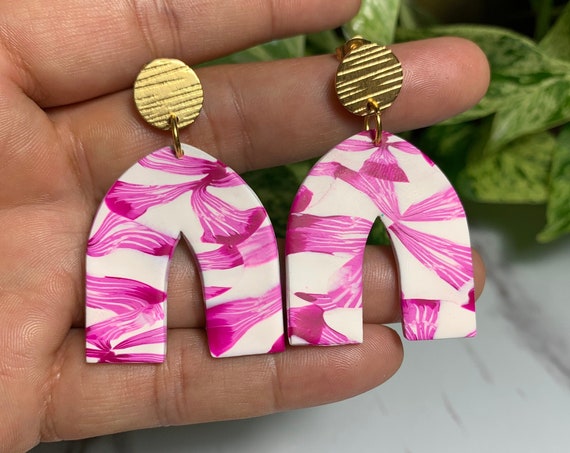 Floral Ribbon Arch Dangle Fuchsia Pink White Gold Statement Earrings Large floral petal Abstract