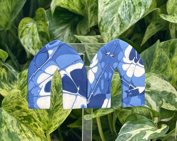 Tie Dye Summer Collection Limited Edition Shibori Statement Earrings Clay Jewelry Lightweight Unique Tie Dye BLUE and White