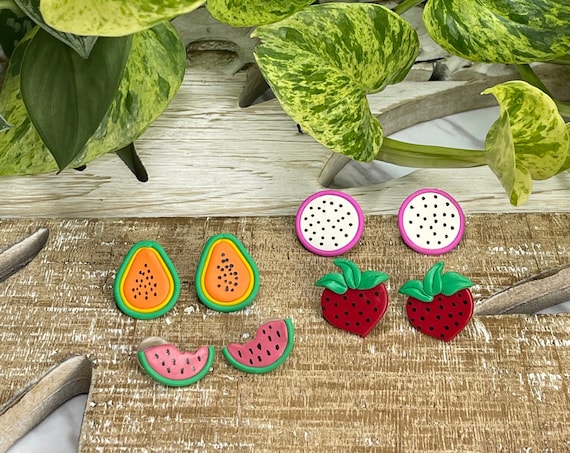 Fruit Salad Strawberry Watermelon Dragon Fruit Papaya Slice statement Earrings gold hoops silver pink yellow orange green red black