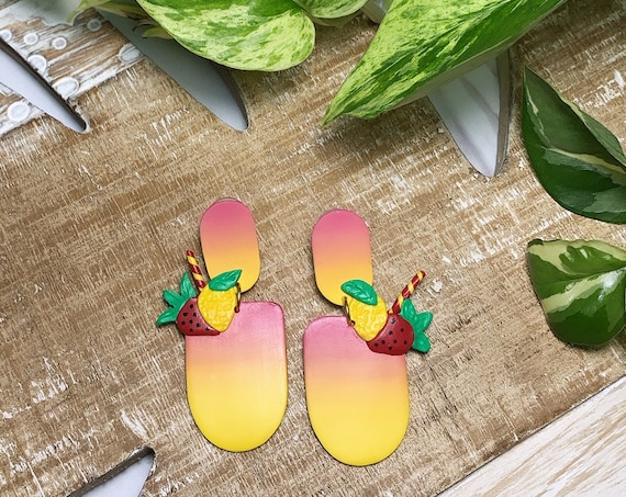Strawberry Lemonade ombré Drink Statement Earrings gold silver Red Yellow ombré Green