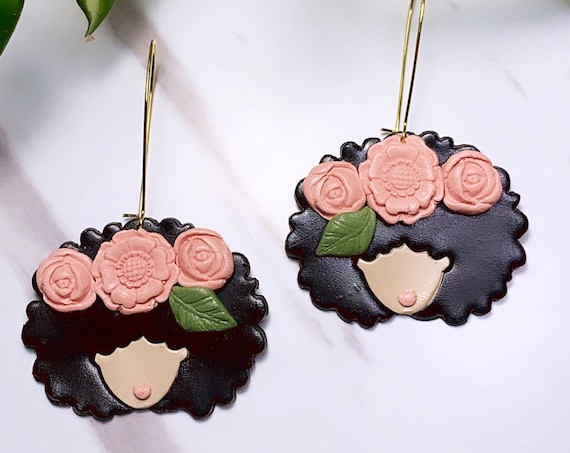 Made to order Curly Girl with flower crown queen Earrings gold hoops silver