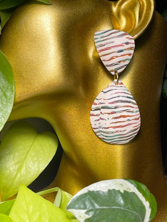 Rainbow Neutral Marbled Stripes Dangles Studs Resin Coated Statement Earrings Clay Jewelry Lightweight Unique Vintage Look