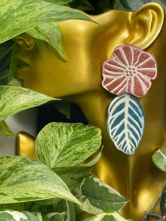 Hobo Fall Indie Floral Statement Earrings Clay Studs Dangles cream yellow teal burnt orange terra-cotta ceramic black
