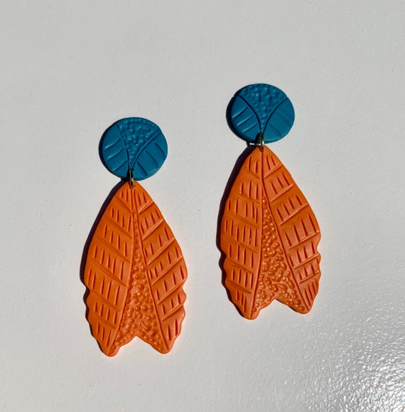 Indian Summer Collection BoHo Statement Earrings Clay Original unique Dangles Arrowhead Leaf Orange Rust Teal Yellow