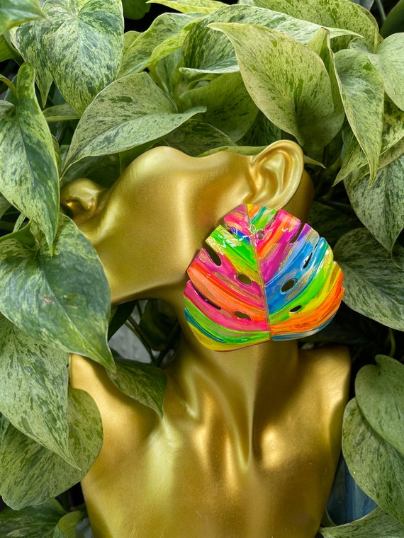 Neon Rainbow Leaf Hoop Large Statement Hand painted Gold Earrings Clay handcrafted wide Tropical