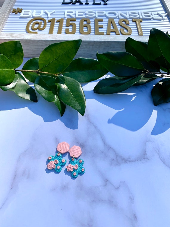 Vintage Chic Pink Coral Aqua Statement Earrings Clay Jewelry Flowers Hearts