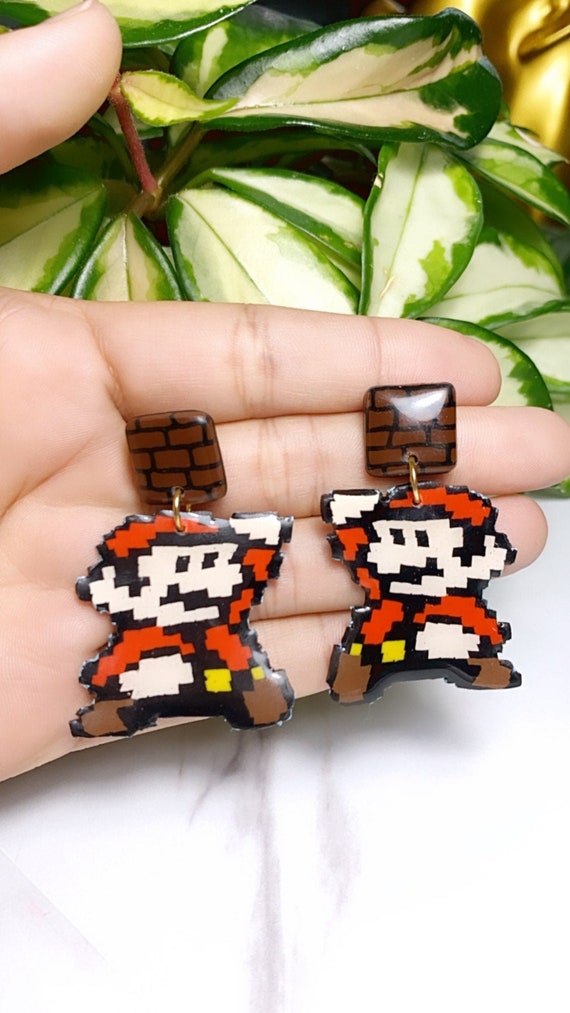 Super Mario Inspired Statement Earrings 8 bit Gamer Retro Polymer Clay Resin dangle Hoops Size Large Brick Cut Out
