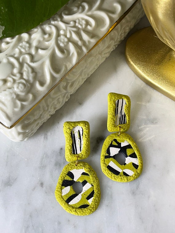 Tribal Print Life’s Journey Collection Statement Earrings Clay Handcrafted Dangles Black White Chartreuse Hoops small