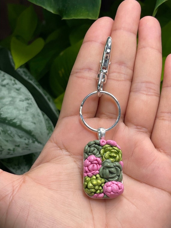 Framed Succulent Key Chain Silver Collection Statement Green  pink Clay  custom