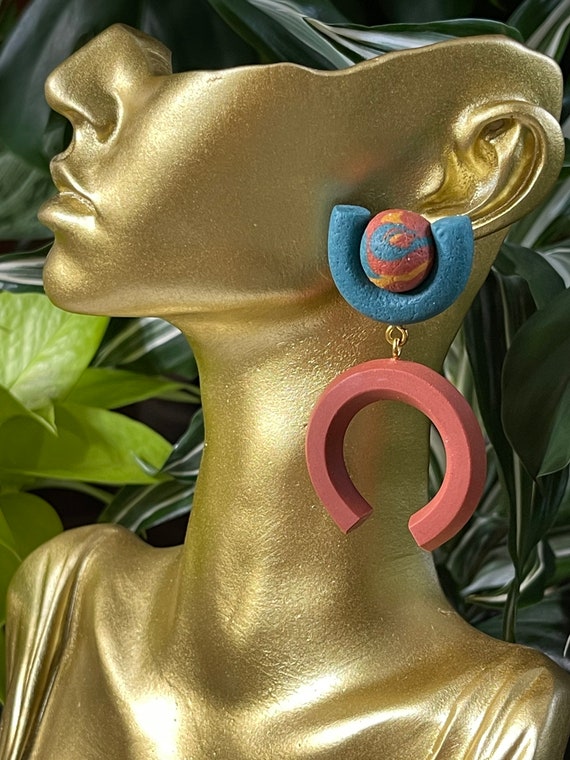 Complexed Simplicity Collection Statement textured Earrings Small rust teal mustard Clay Jewelry Gold Clay Beads arch