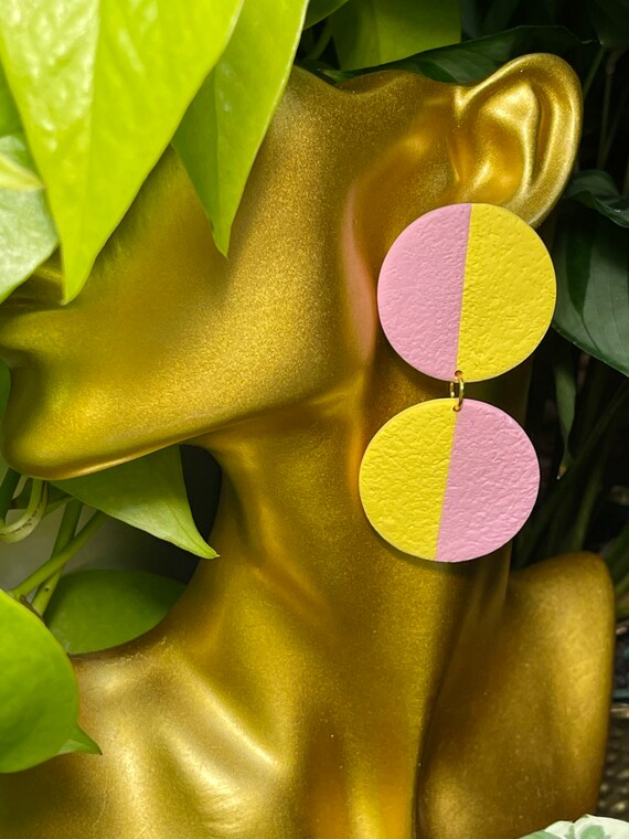 Not So Plain Jane Collection Statement Earrings Clay Jewelry pink yellow stud mini Color block pastel