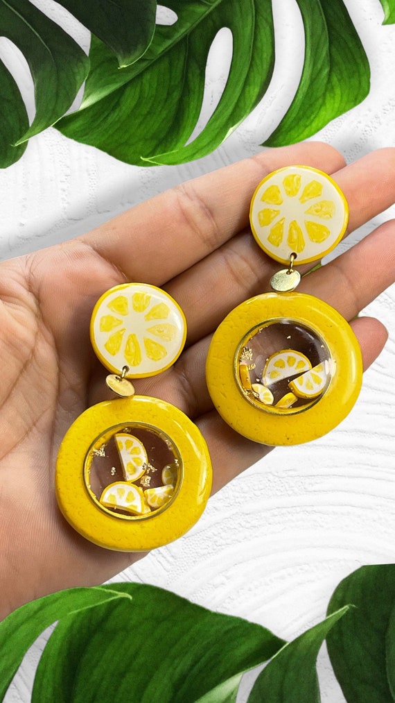 Slice Of Life Lemon Shaker Statement Earrings Gold polymer clay resin lightweight
