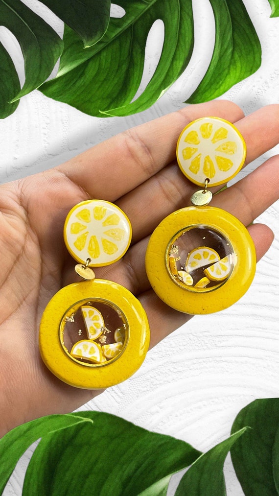 Slice Of Life Lemon Shaker Statement Earrings Gold  polymer clay resin lightweight